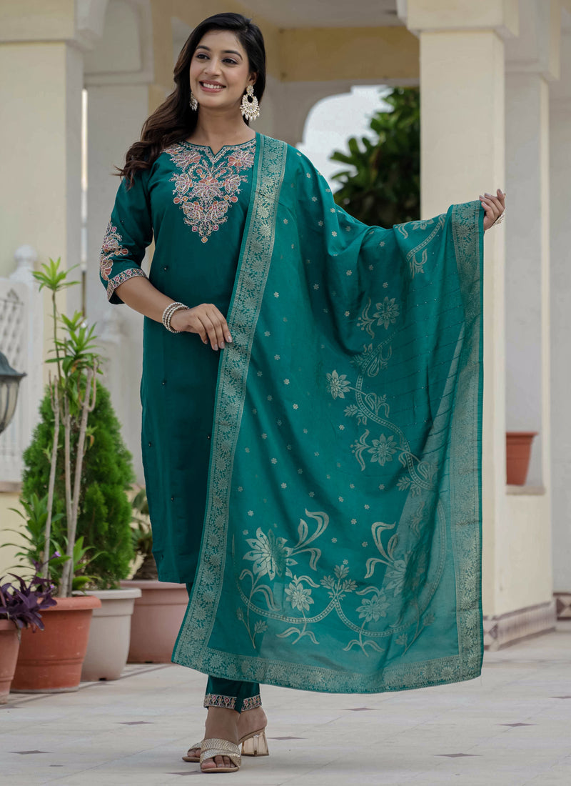 Prazu Fashion Rama Green Roman Silk Embroidered Sequence Designer Kurta Set