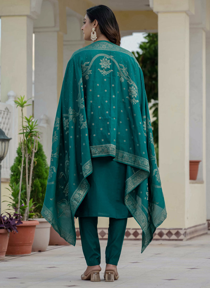 Prazu Fashion Rama Green Roman Silk Embroidered Sequence Designer Kurta Set