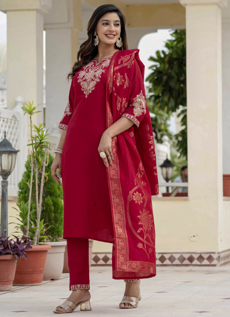 Prazu Fashion Red Roman Silk Embroidered Sequence Designer Kurta Set