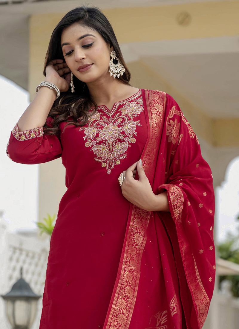 Prazu Fashion Red Roman Silk Embroidered Sequence Designer Kurta Set