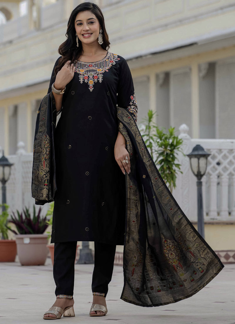 Prazu Fashion Black Roman Silk Embroidered Sequence Designer Kurta Set