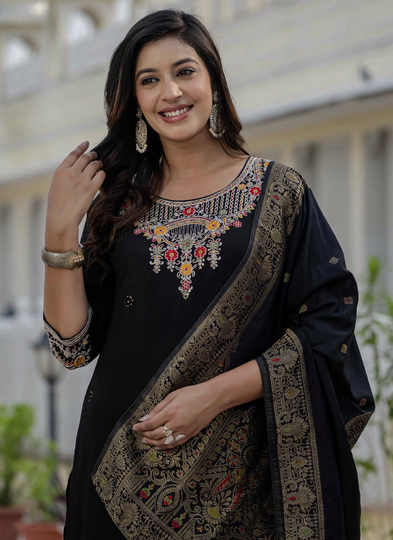 Prazu Fashion Black Roman Silk Embroidered Sequence Designer Kurta Set