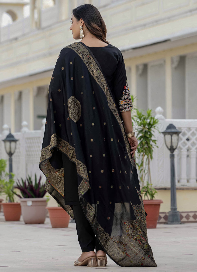 Prazu Fashion Black Roman Silk Embroidered Sequence Designer Kurta Set