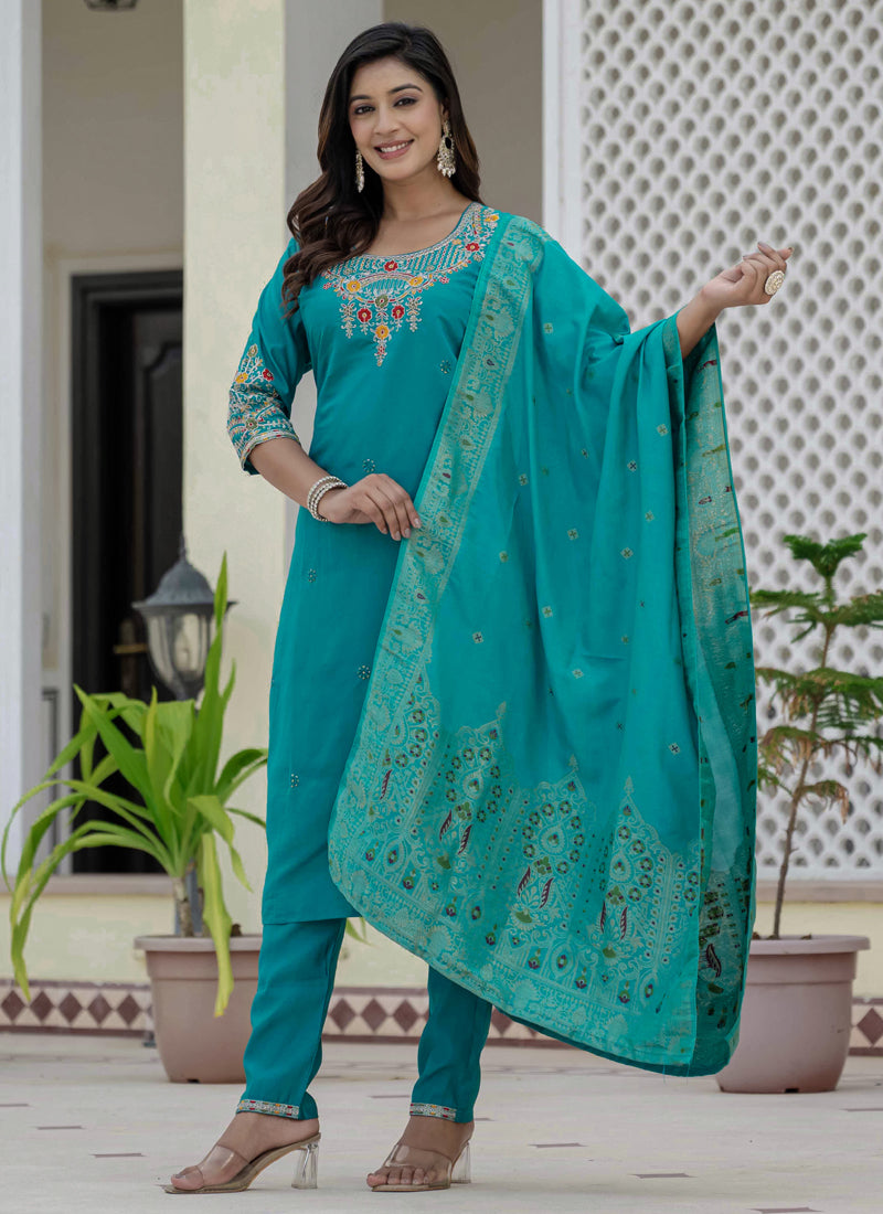 Prazu Fashion Firozi Roman Silk Embroidered Sequence Designer Kurta Set
