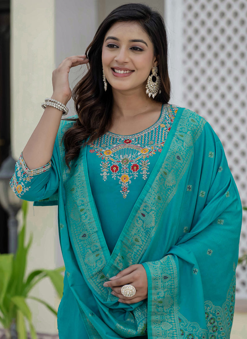 Prazu Fashion Firozi Roman Silk Embroidered Sequence Designer Kurta Set