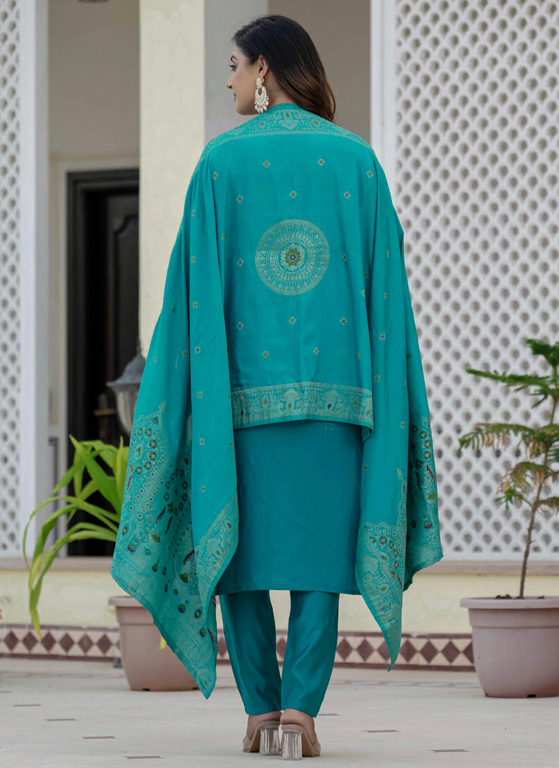 Prazu Fashion Firozi Roman Silk Embroidered Sequence Designer Kurta Set
