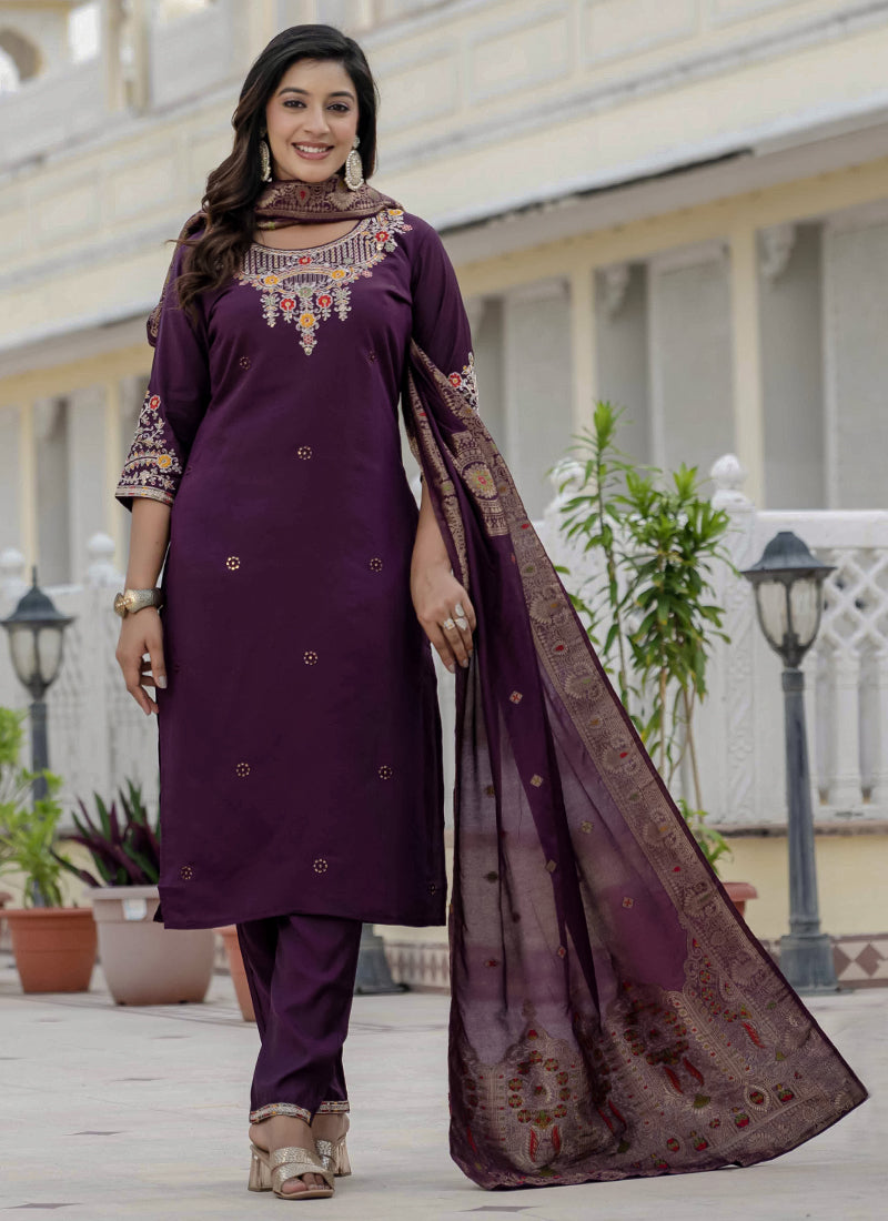Prazu Fashion Wine Roman Silk Embroidered Sequence Designer Kurta Set