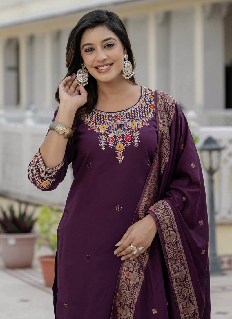 Prazu Fashion Wine Roman Silk Embroidered Sequence Designer Kurta Set
