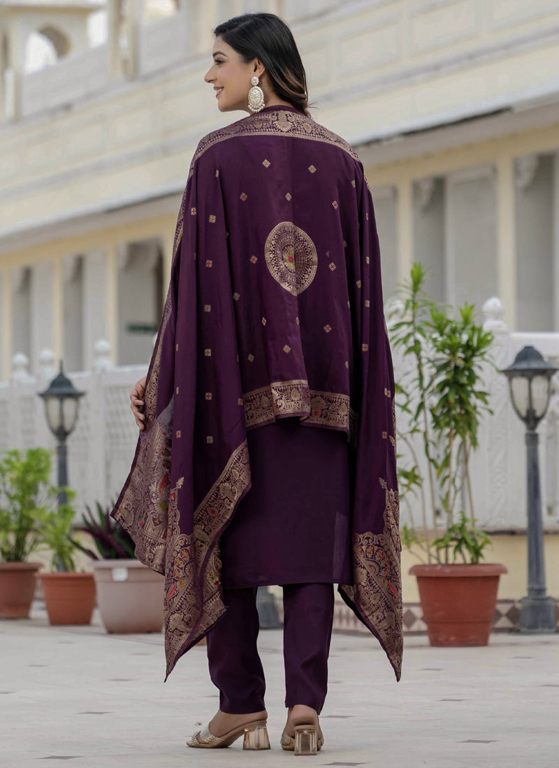 Prazu Fashion Wine Roman Silk Embroidered Sequence Designer Kurta Set