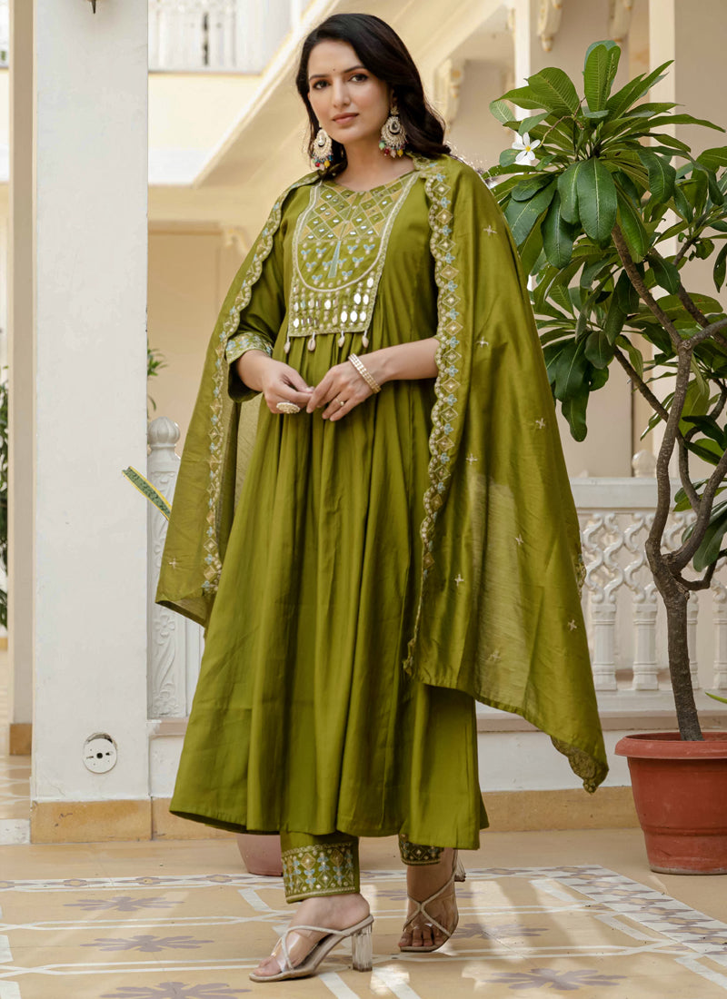Prazu Fashion Mehendi Viscose Roman Silk Real Mirror Hand Work Kurta Set