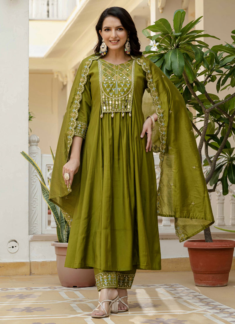 Prazu Fashion Mehendi Viscose Roman Silk Real Mirror Hand Work Kurta Set
