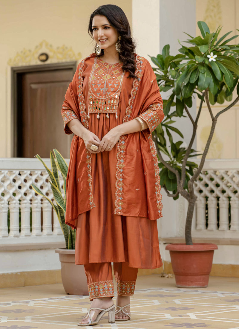 Prazu Fashion Orange Viscose Roman Silk Real Mirror Hand Work Kurta Set