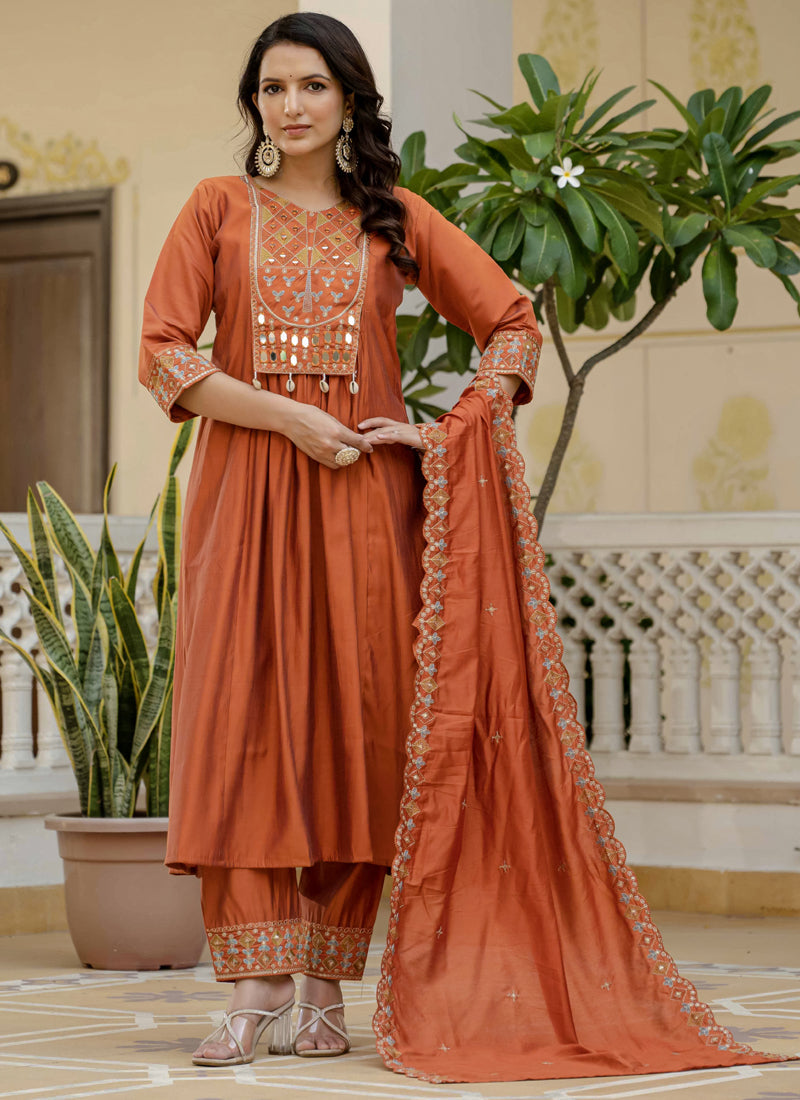 Prazu Fashion Orange Viscose Roman Silk Real Mirror Hand Work Kurta Set