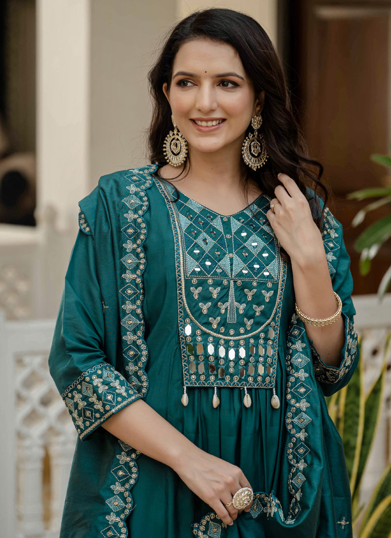 Prazu Fashion Teal Viscose Roman Silk Real Mirror Hand Work Kurta Set