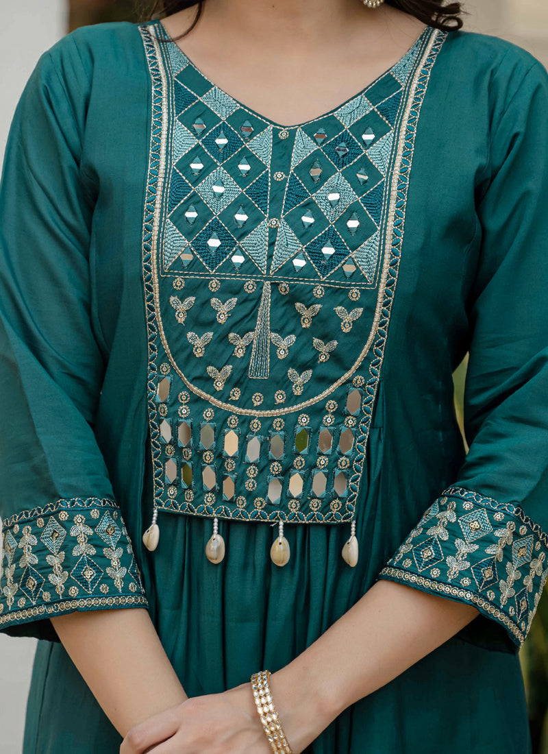 Prazu Fashion Teal Viscose Roman Silk Real Mirror Hand Work Kurta Set