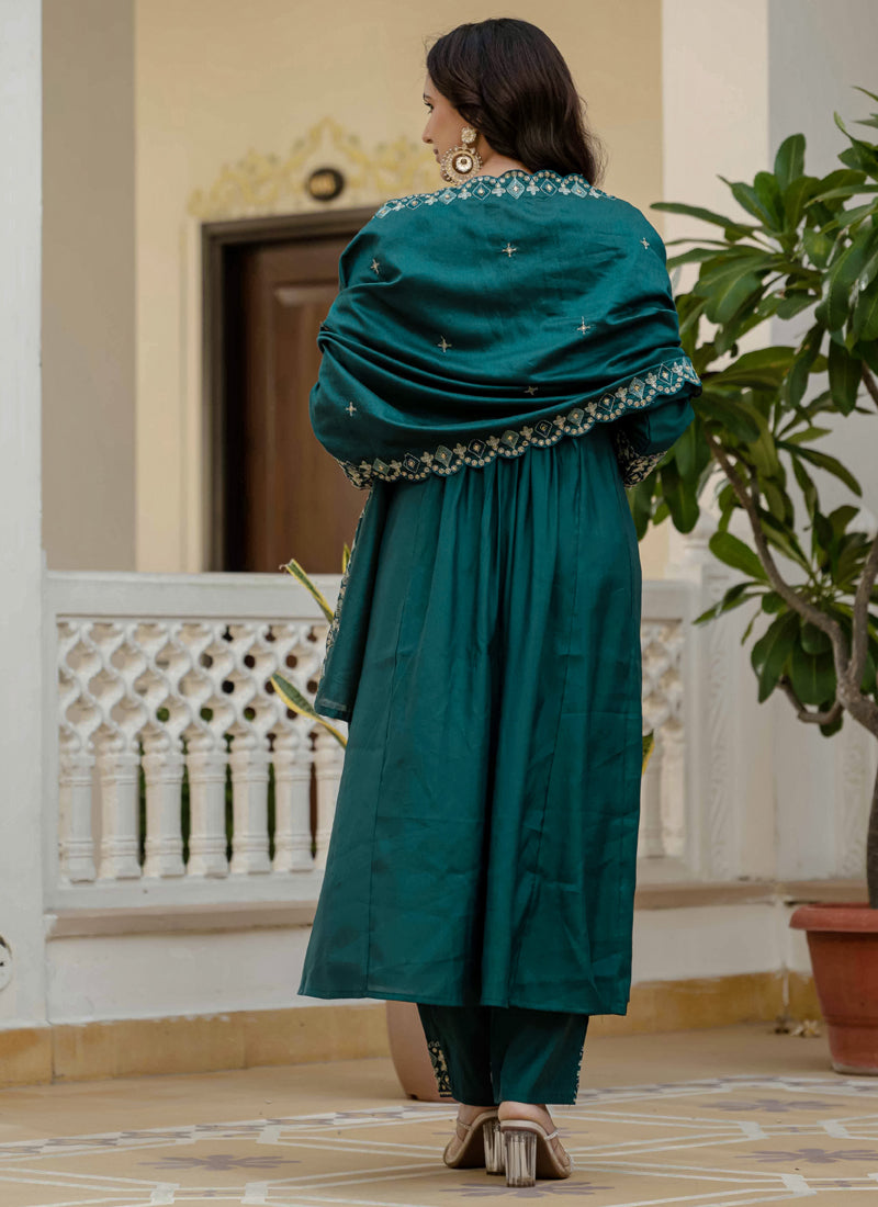 Prazu Fashion Teal Viscose Roman Silk Real Mirror Hand Work Kurta Set