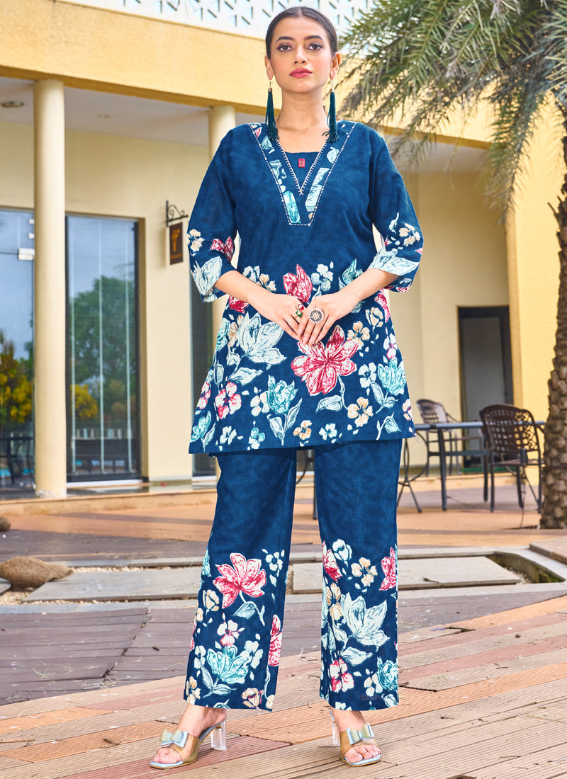 Prazu Fashion Blue Pure Cotton Stylish Prints Co-Ords Set