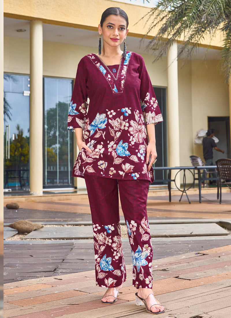 Prazu Fashion Maroon Pure Cotton Stylish Prints Co-Ords Set
