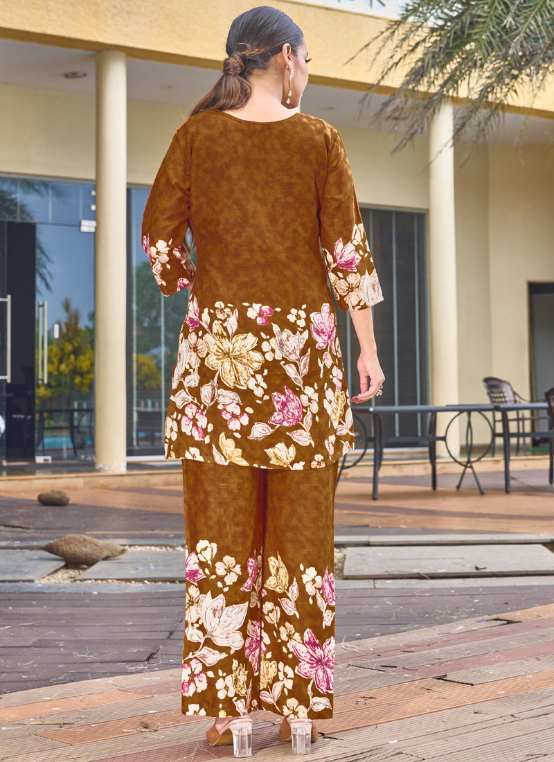 Prazu Fashion Mustard Pure Cotton Stylish Prints Co-Ords Set