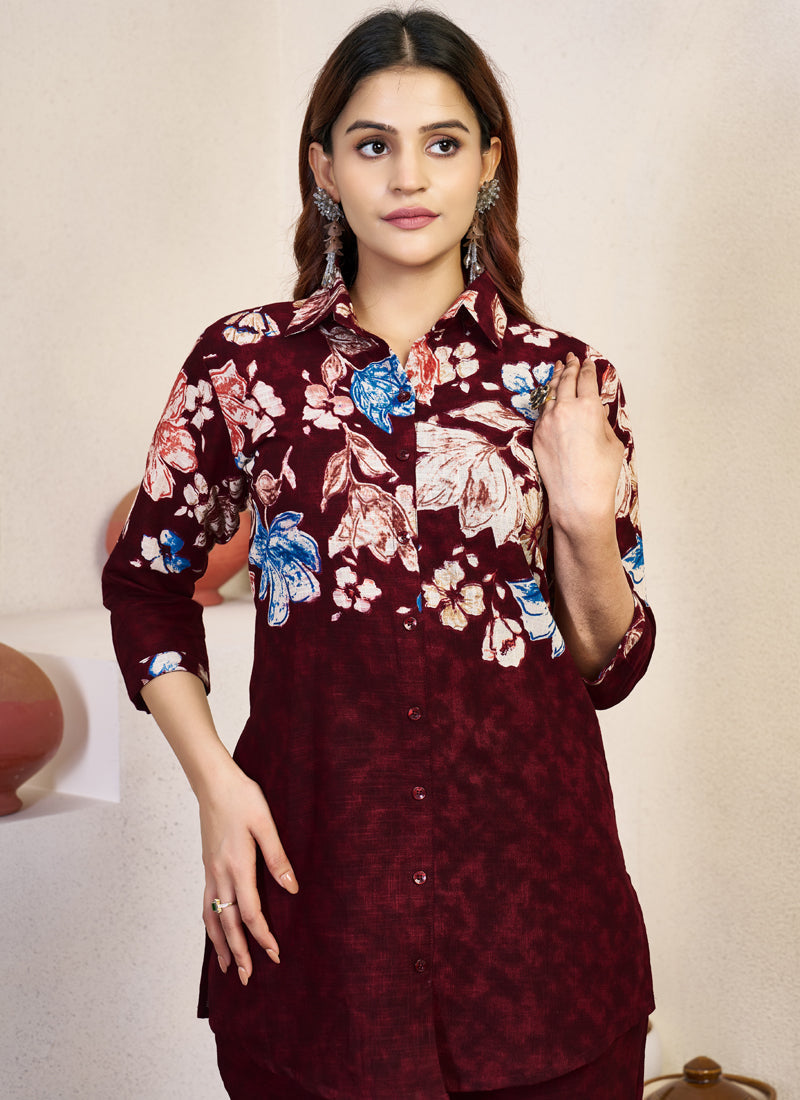 Prazu Fashion Maroon Pure Cotton Stylish Prints Co-Ords Set