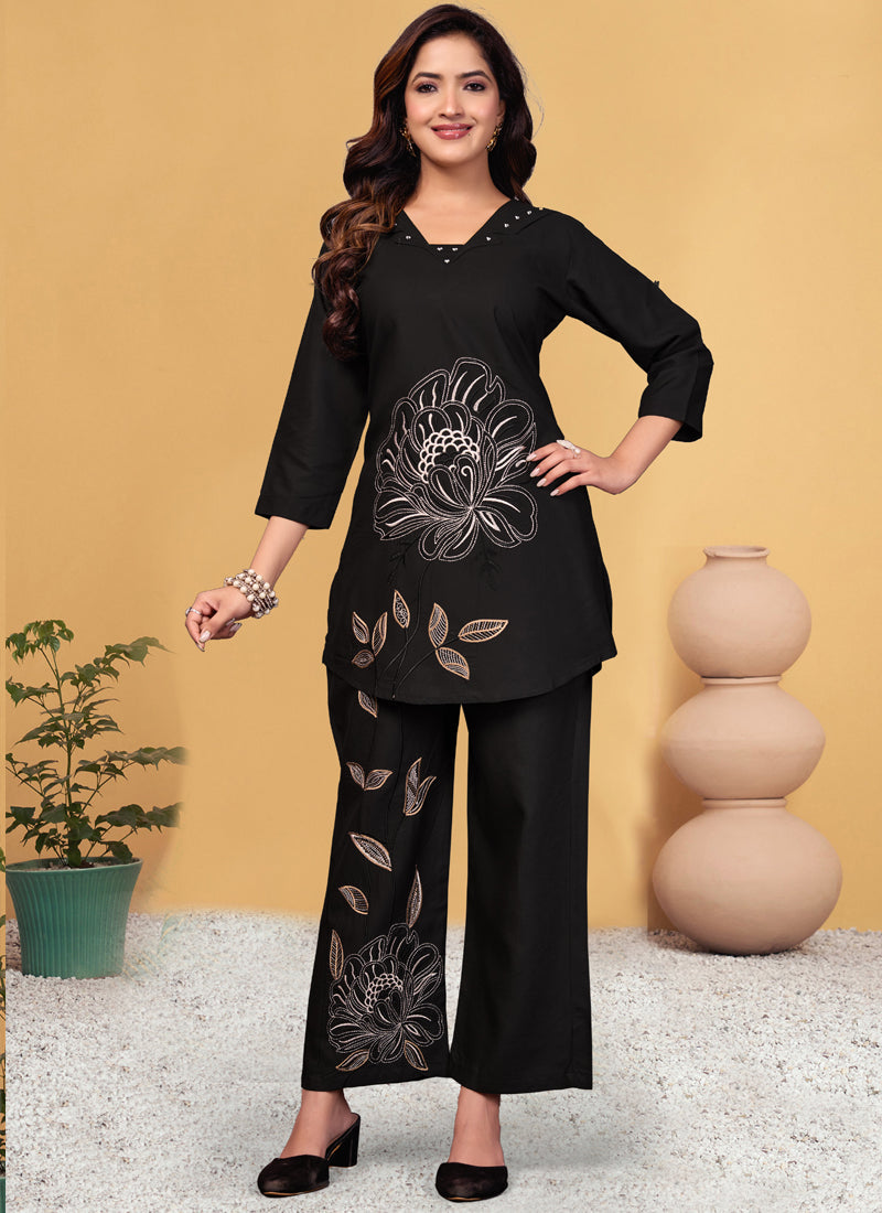 Prazu Fashion Black Viscose Rayon Embroidery Thread Work Co-Ords Set