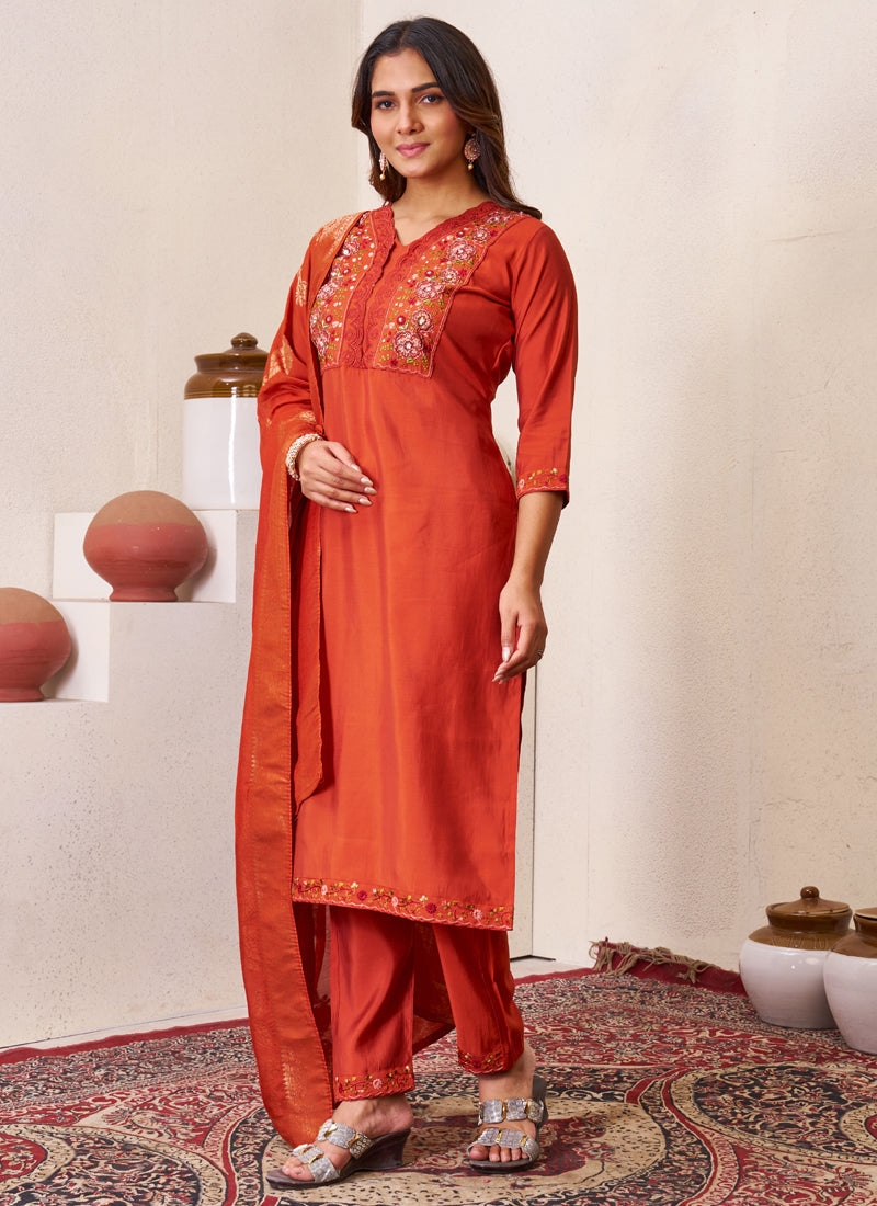 Prazu Fashion Rust Roman Silk Embroidered Sequence Work Kurta Set