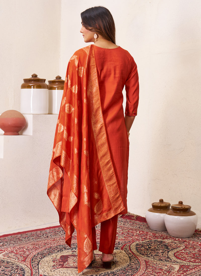Prazu Fashion Rust Roman Silk Embroidered Sequence Work Kurta Set
