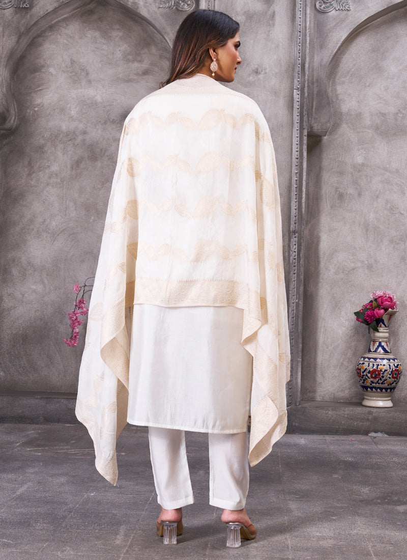 Prazu Fashion White Roman Silk Embroidered Sequence Work Kurta Set