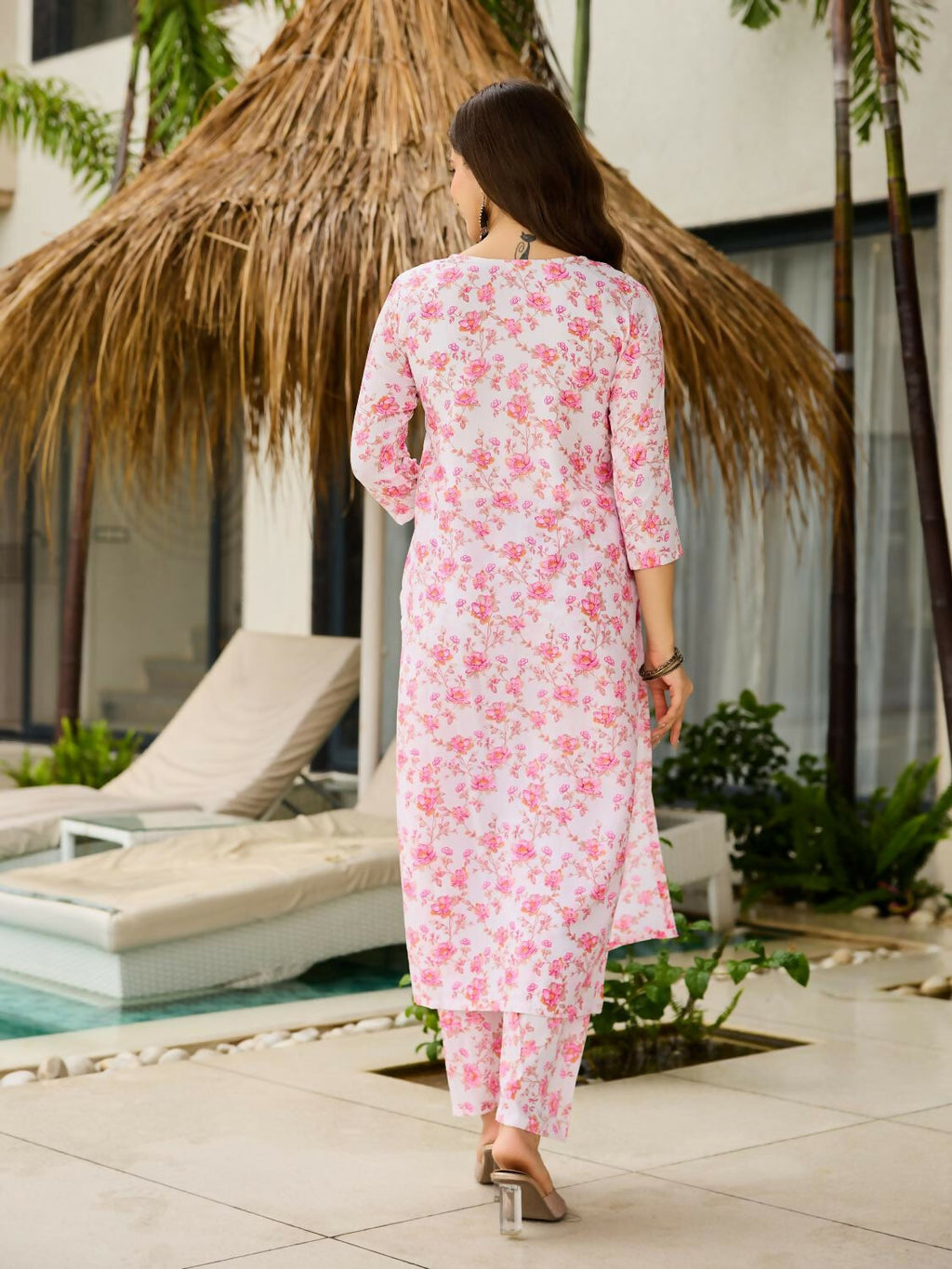 The52 Pink Women's Beautiful Printed Silk Blend Fabric with Straight Kurta, Pant and Dupatta Set