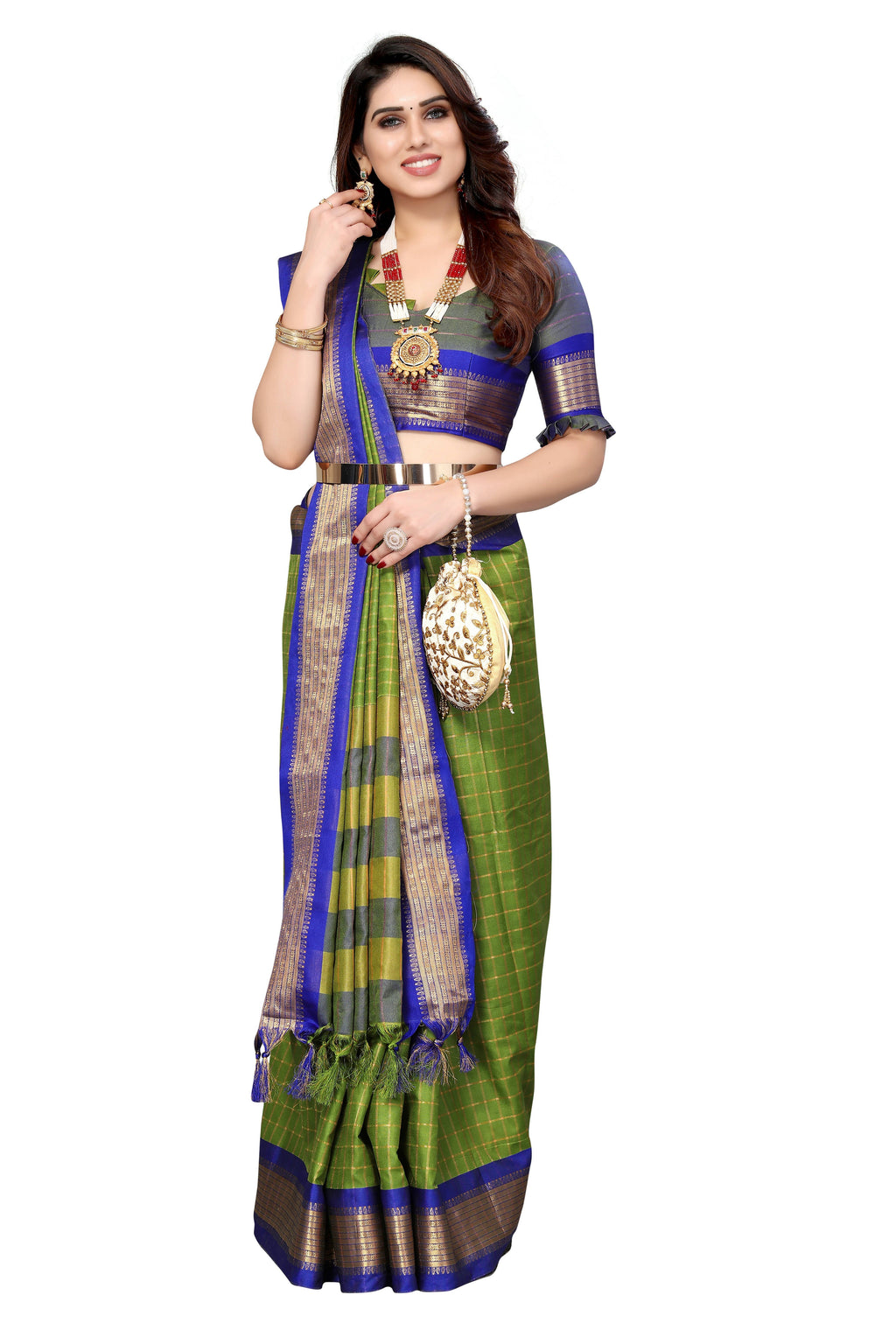 Vamika Weaving Parrot Green Cotton Silk Saree