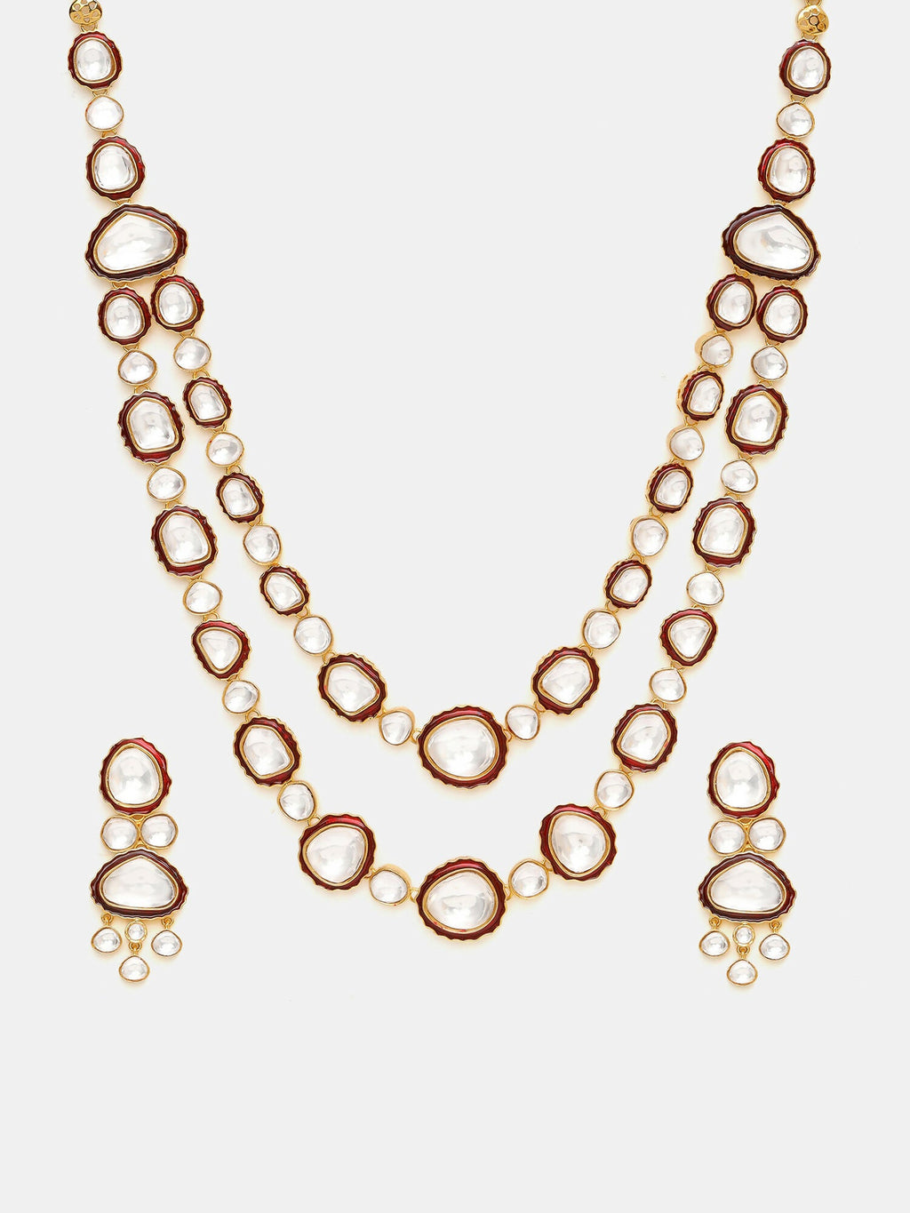 Ruby Raang 22k Gold Polished Red Meenakari Kundan Layered Necklace With Earrings & Maang Tikka