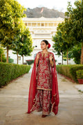 Vaasva Women Maroon Muslin Floral & Embroidered Cut Work Kurta ,Sharara & Dupatta set