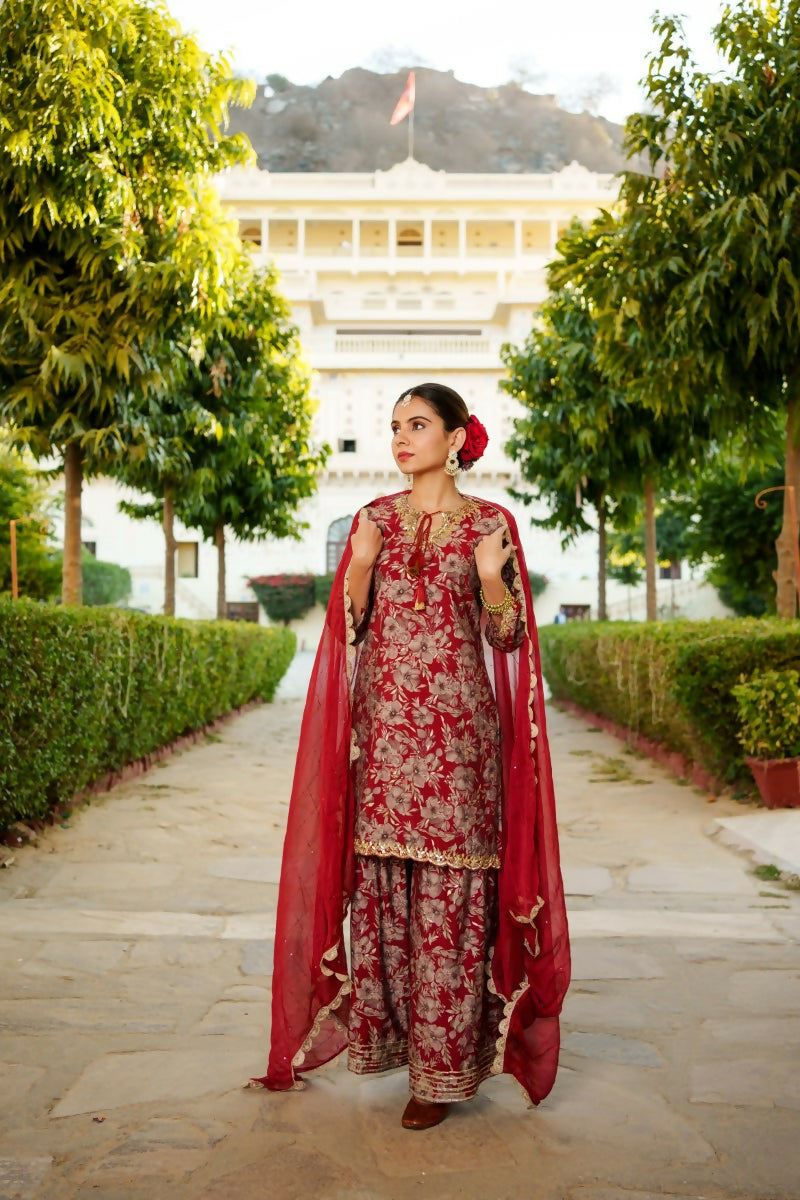 Vaasva Women Maroon Muslin Floral & Embroidered Cut Work Kurta ,Sharara & Dupatta set