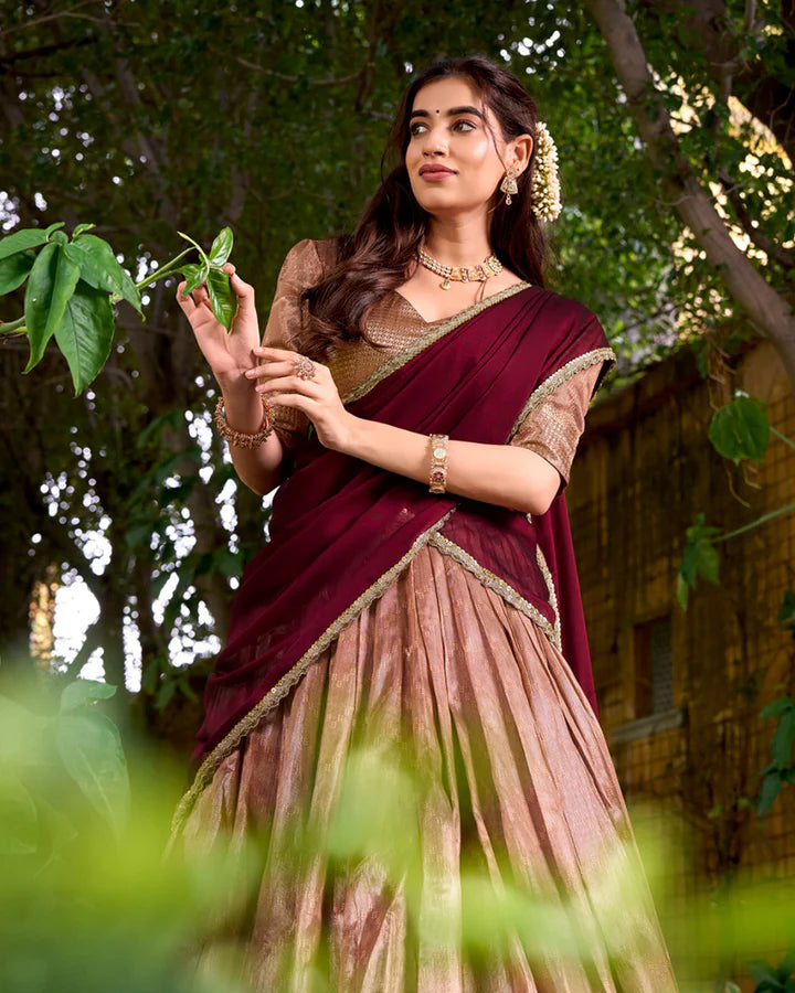 Evanik Traditional Peach Dupion Silk With Zari Weaving Work Lehenga Choli