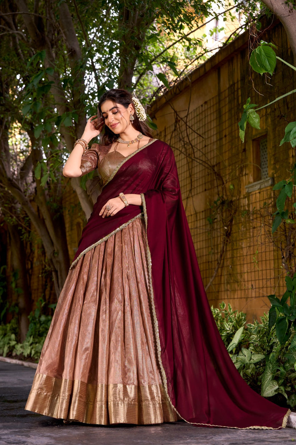 Evanik Traditional Peach Dupion Silk With Zari Weaving Work Lehenga Choli