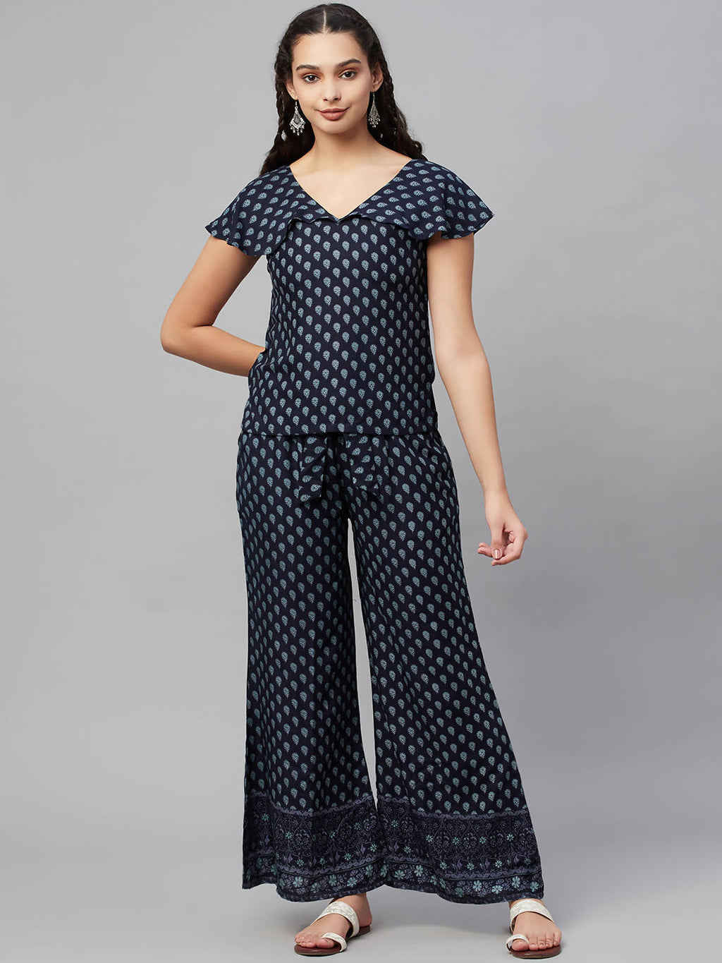 Myshka Women Blue Printed Top Palazzo Set