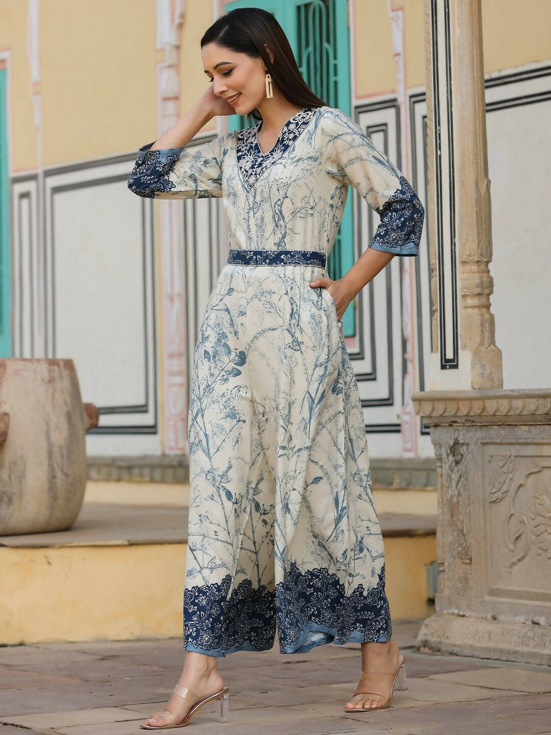 Juniper Women's Offwhite Rayon Staple Printed With Embroidery Straight Jumpsuit
