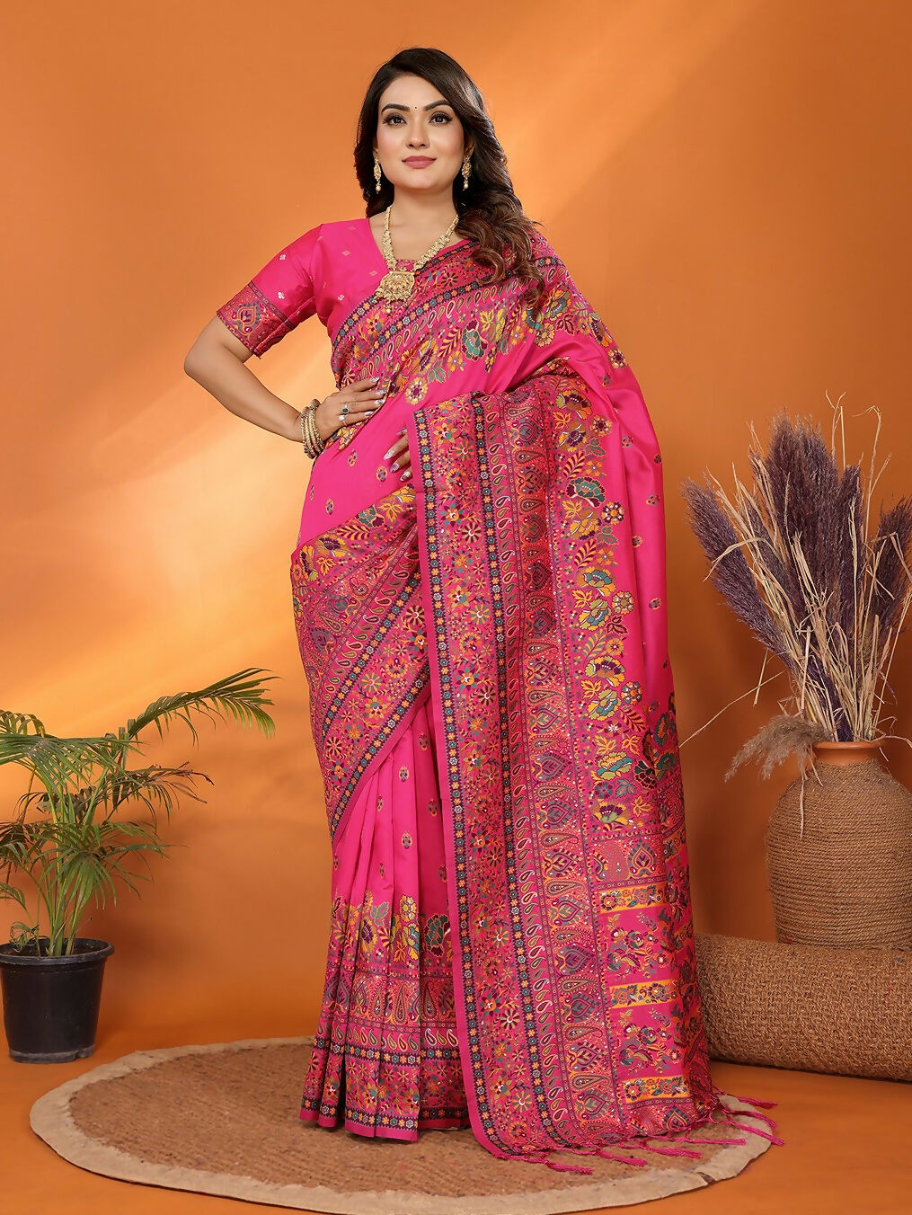 Joban Fashion Rani Pink Meena Weaves Pashmina Sarees