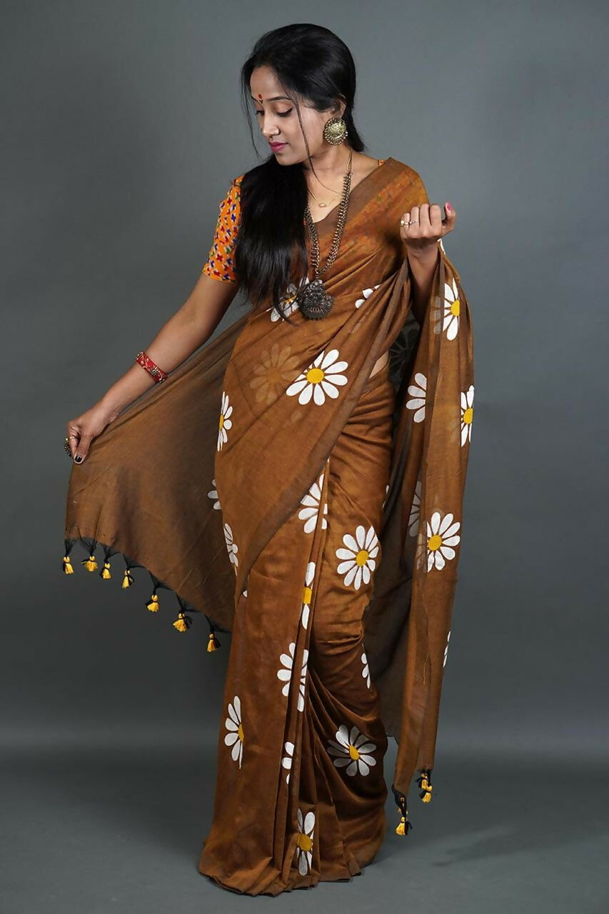 Exclusive Collection Brown Pure Cotton Saree With Sunflower Design