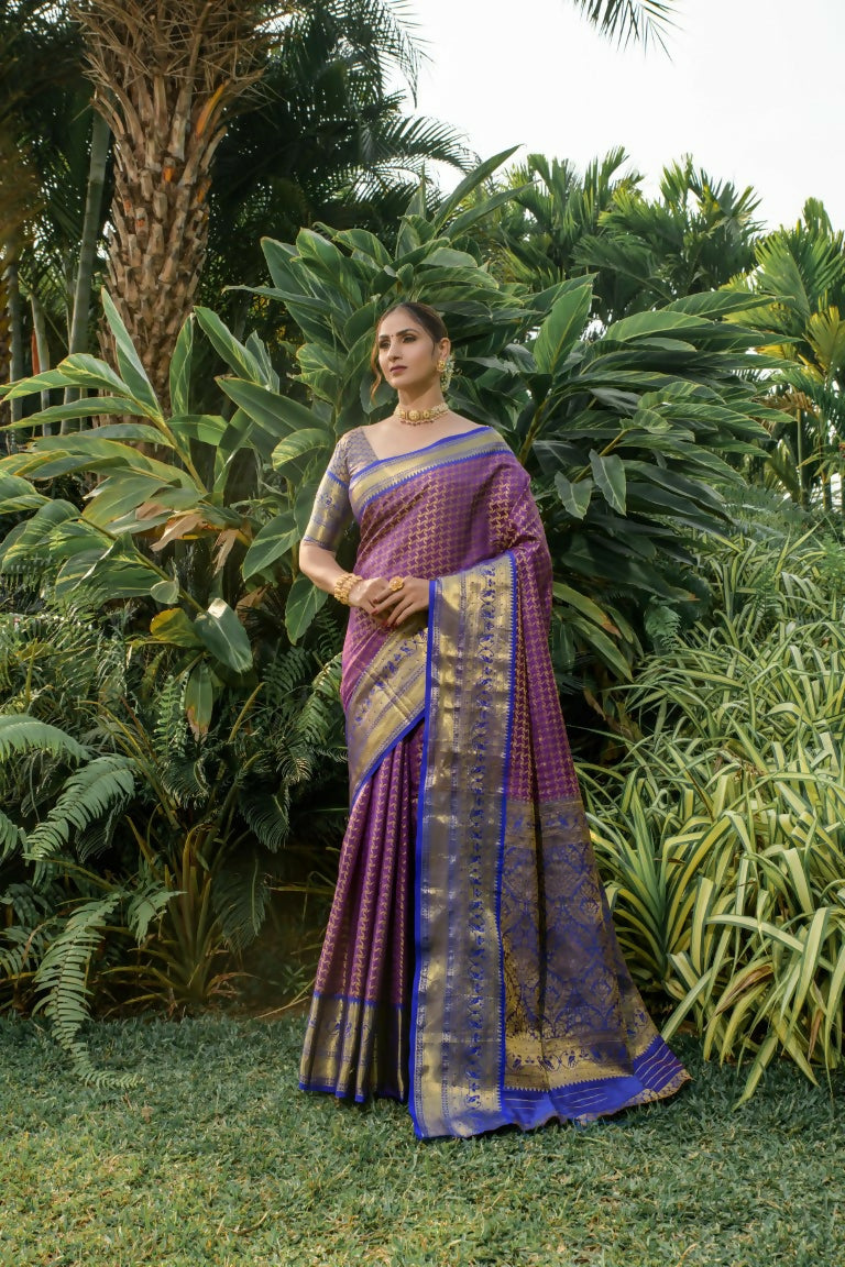 Jyoti Fashion Women's Purple Kanjivaram Silk Zari Woven Saree with Blouse