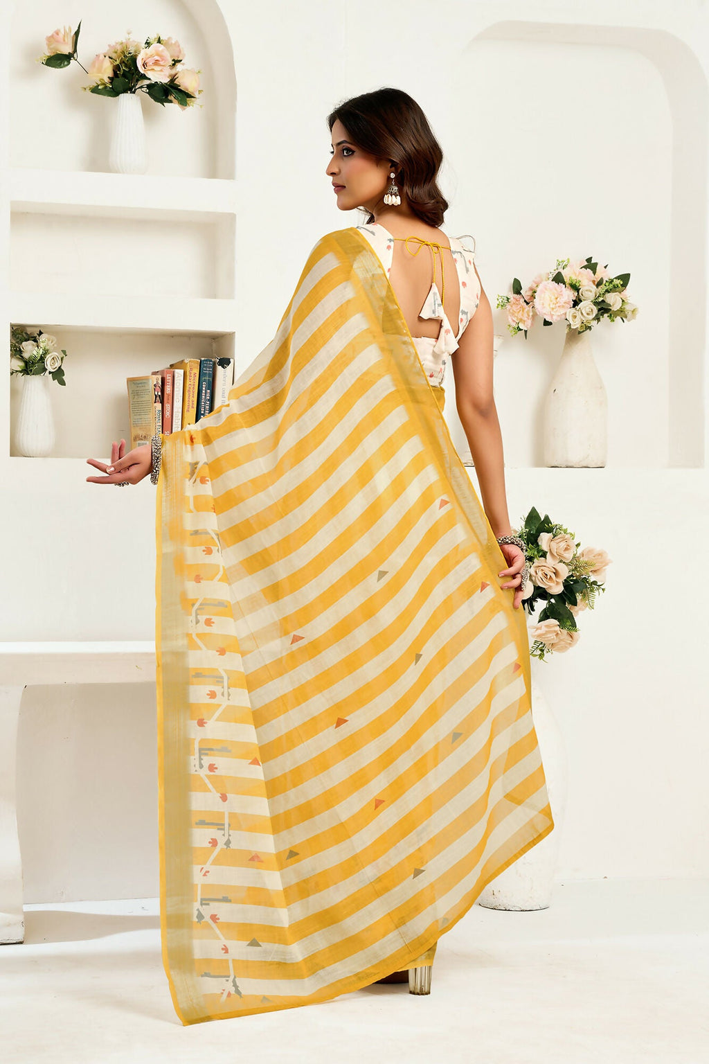Vastranavya Yellow White Digital Printed Linen Ready To Wear Designer Saree with Unstitched Blouse