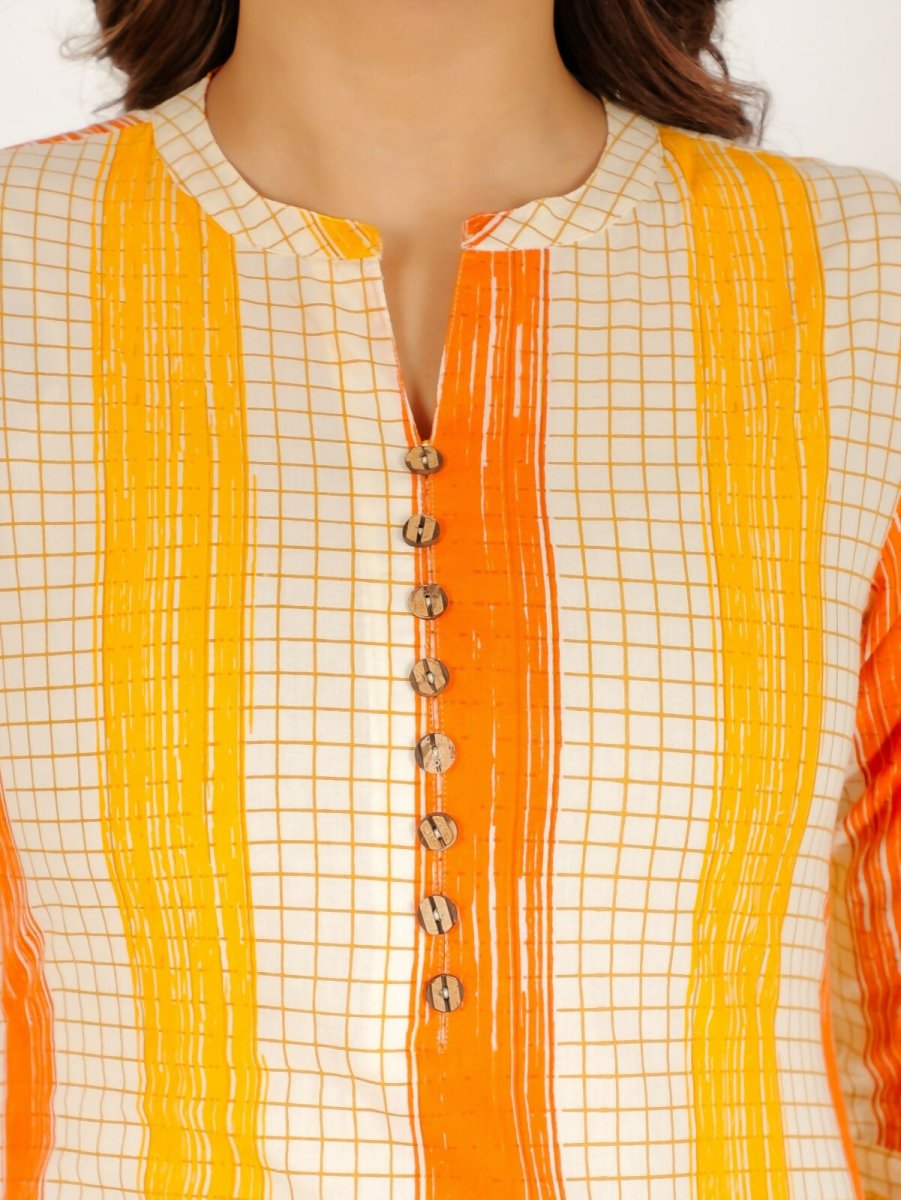 Aramya Yellow Soft Cotton Checkered Print Straight Kurta Set for Women