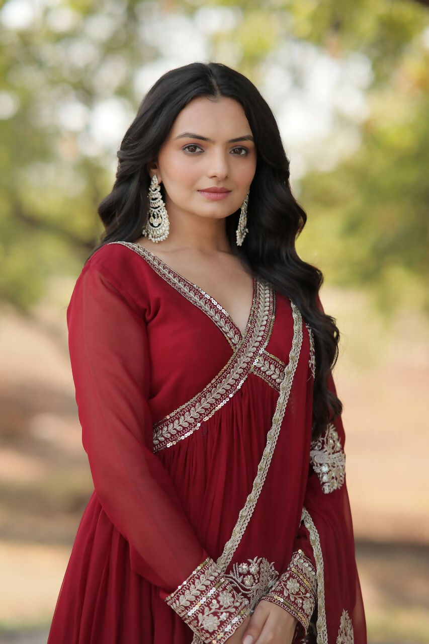 Vastranavya Faux Blooming with Embroidery Zari Sequins-work Gown with Dupatta - Maroon