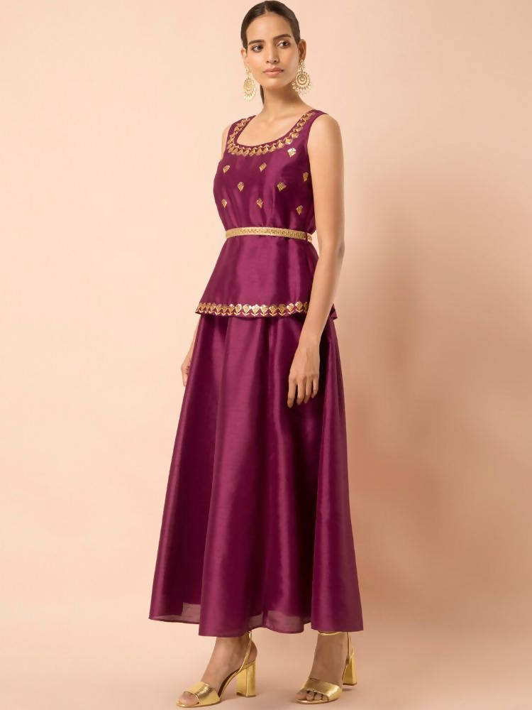Indya Women Wine-Colored Embroidered Belted Peplum Layered Kurta
