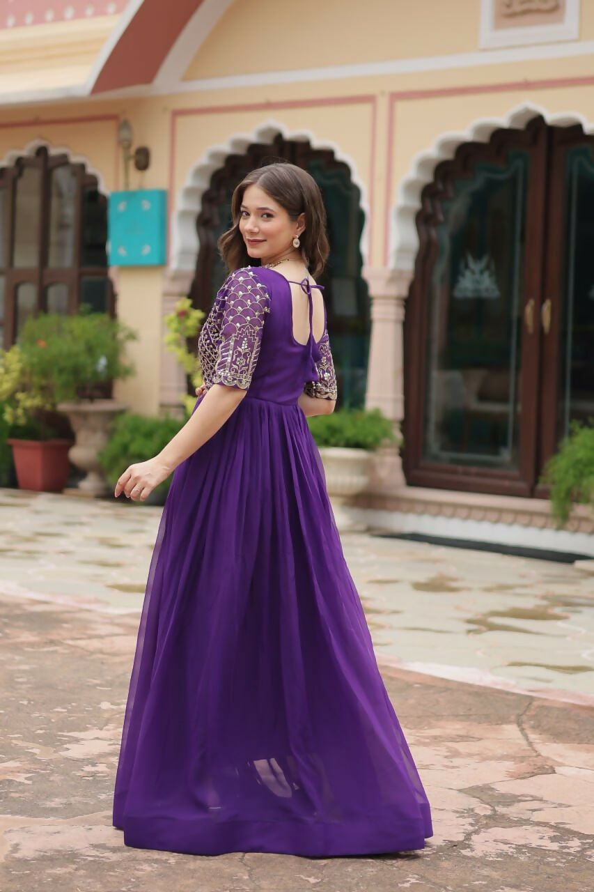 Vastranavya Faux Blooming with Embroidery Zari Sequins-work Gown - Purple