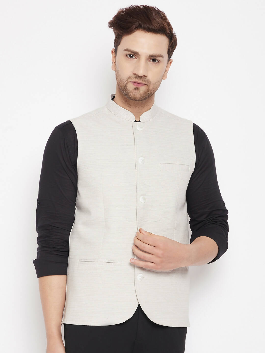Even Apparels Cream Merino Men Woven Nehru Jacket BF504