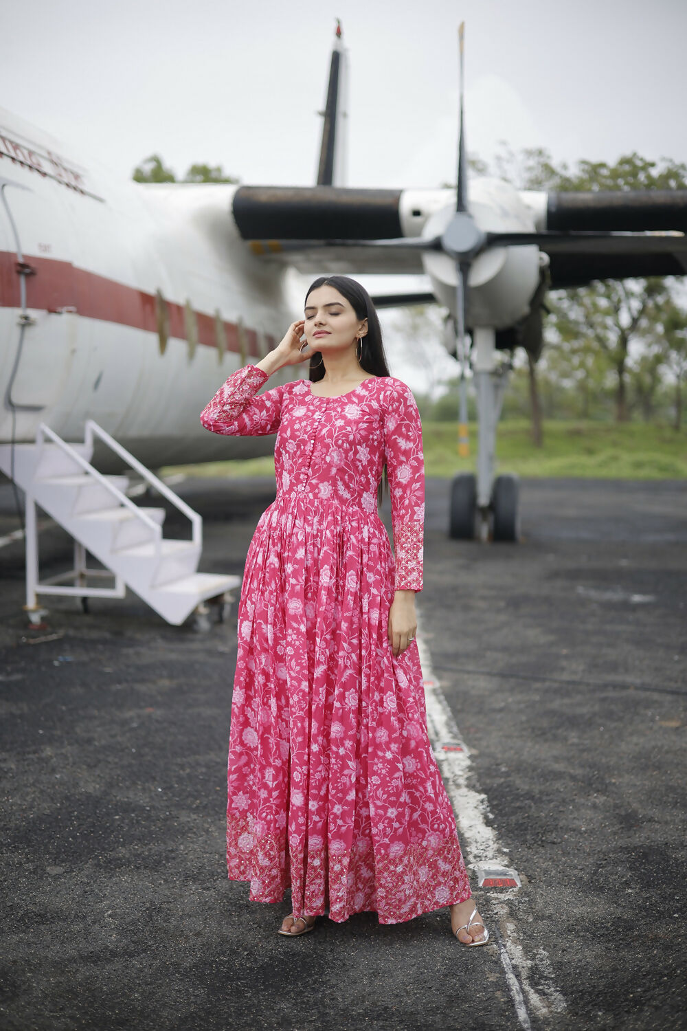 Aayaa Printed Faux Georgette with Embroidery Zari Sequins work Gown - Red Pink
