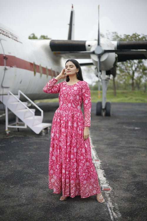 Aayaa Printed Faux Georgette with Embroidery Zari Sequins work Gown - Red Pink