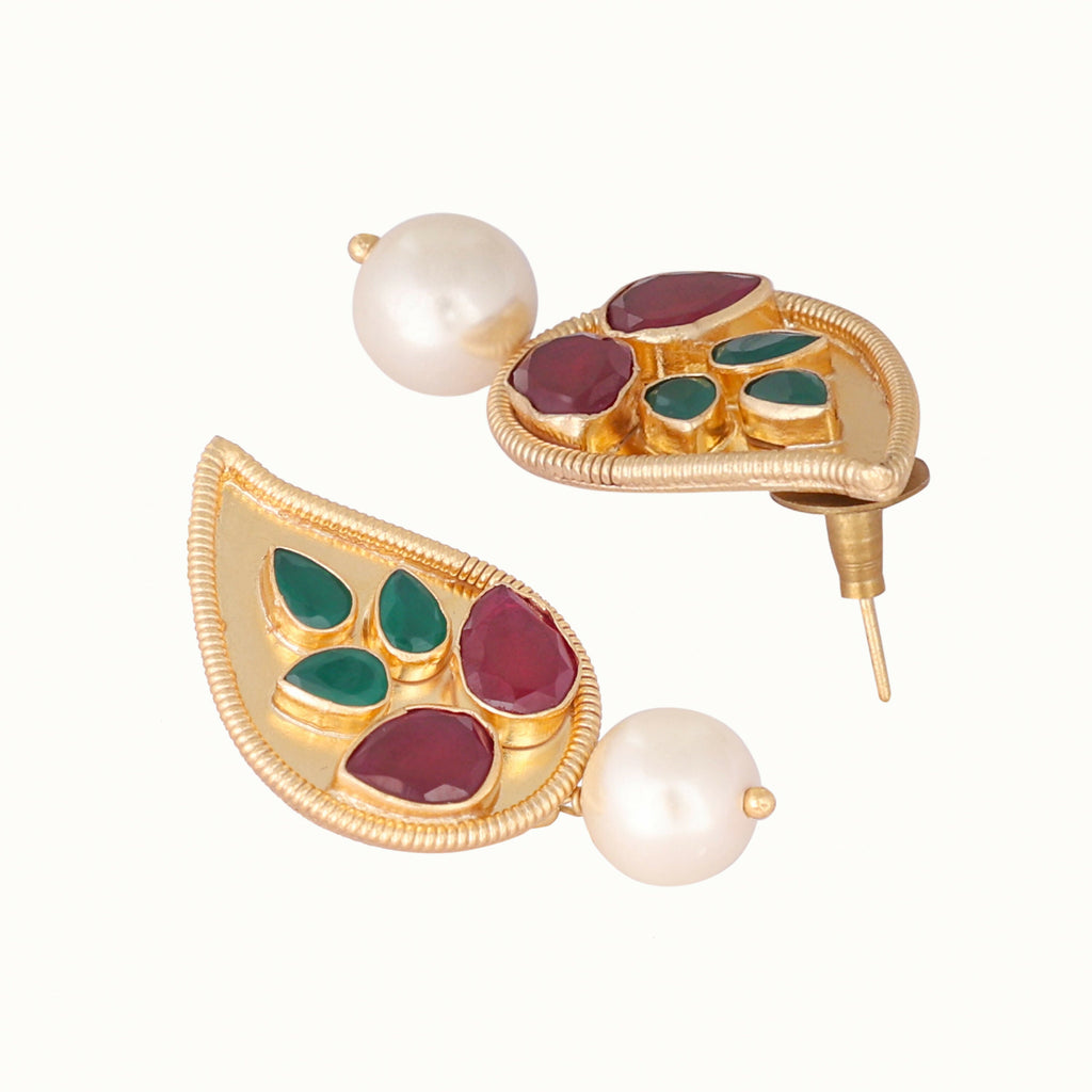 Nuyug 22K Gold Plated Ruby Stone Studded Contemporary Petal Shaped Pearl Drop Stud Earrings