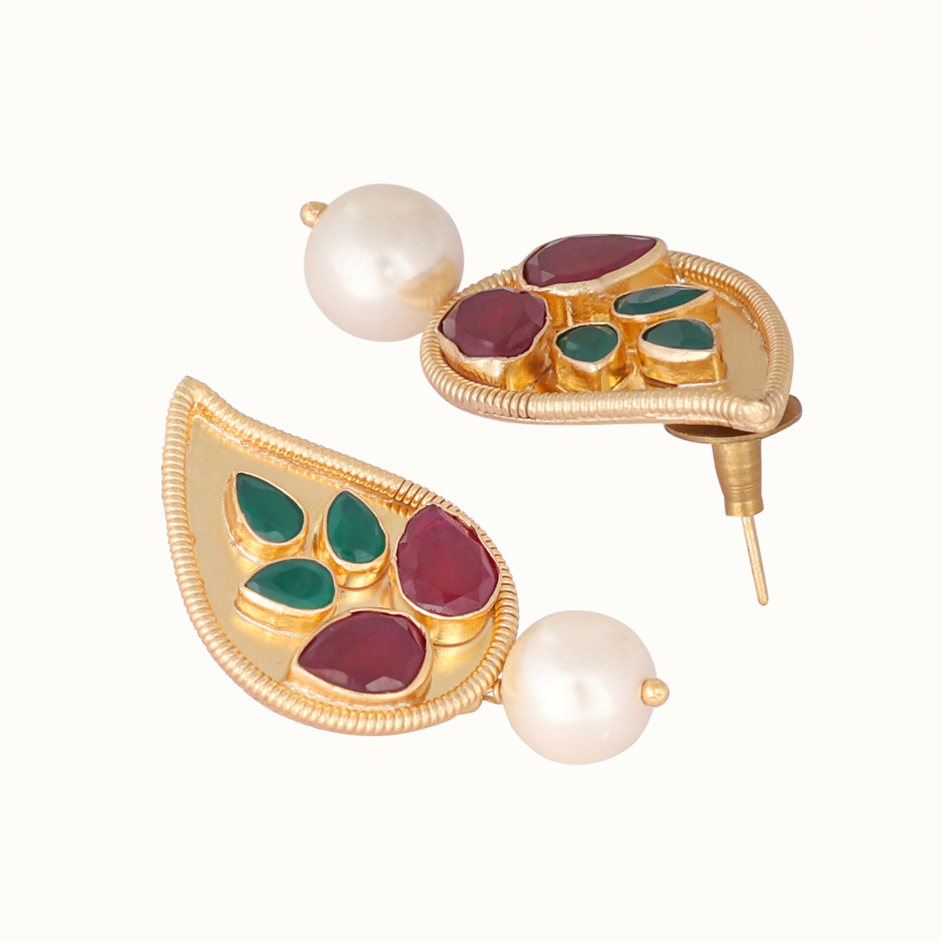 Nuyug 22K Gold Plated Ruby Stone Studded Contemporary Petal Shaped Pearl Drop Stud Earrings
